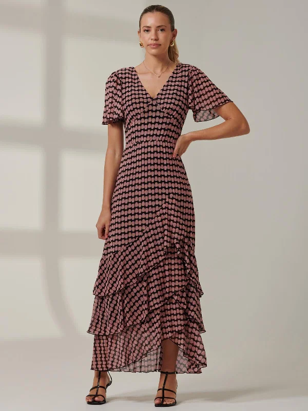 Geo Print Tiered Maxi Dress, Pink Geo Comfortable Flowy Maxi Dress