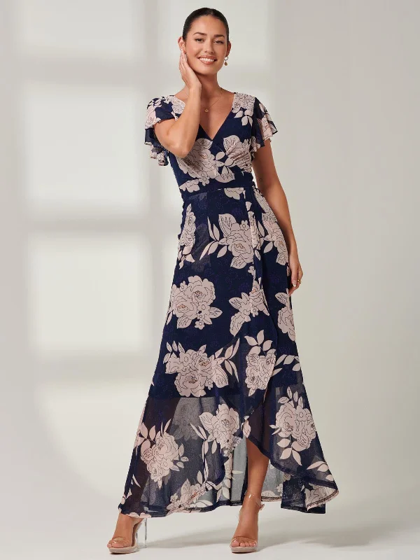 Gisselle Ruffle Hem Mesh Maxi Dress, Navy Floral Comfortable Maxi Dress with Slits