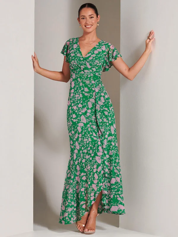 Gisselle Ruffle Hem Mesh Maxi Dress, Green Floral Cozy Ribbed Maxi Dress