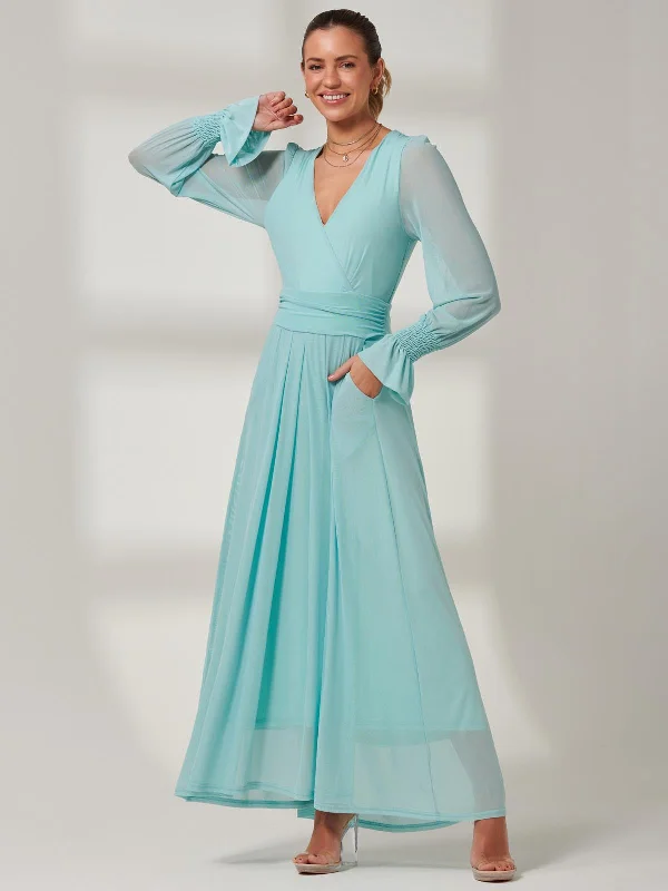 Greta Long Sleeve Mesh Maxi Dress, Light Green Stylish Pleated A-Line Maxi Dress