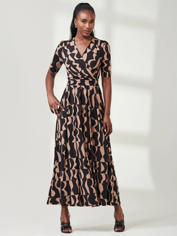 Half Sleeve Jersey Maxi Dress, Brown Pattern Stylish Empire Waist Maxi Dress