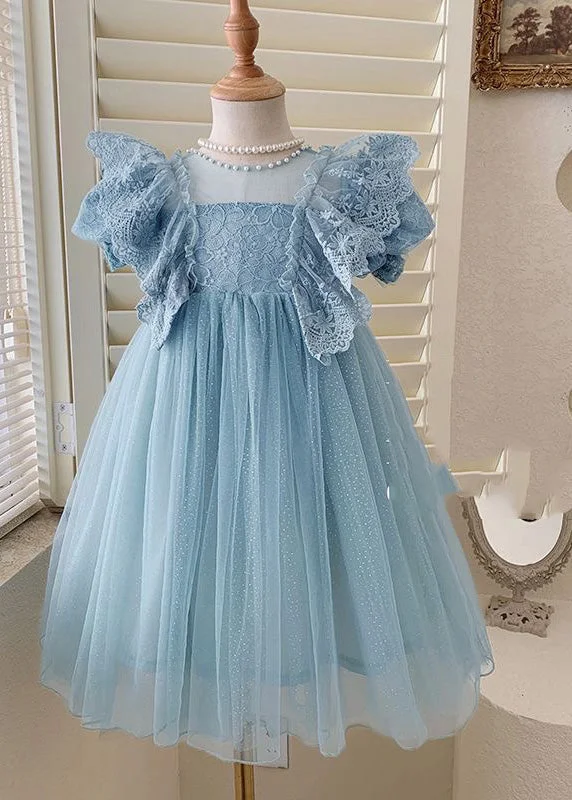 Handmade Blue O-Neck Patchwork Nail Bead Tulle Girls Maxi Dress Summer Comfortable Bohemian Maxi Dress