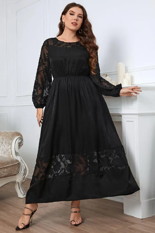 Honey Melo Apparel Plus Size Embroidery Round Neck Long Sleeve Maxi Dress Comfortable Casual Maxi Dress