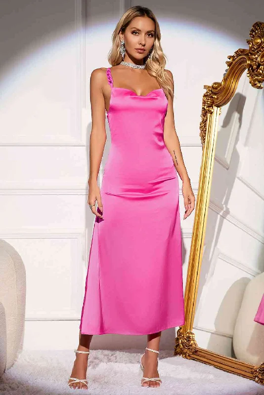 Hot Pink Serenade Backless Satin Maxi Dress Stylish V-Neck Maxi Dress