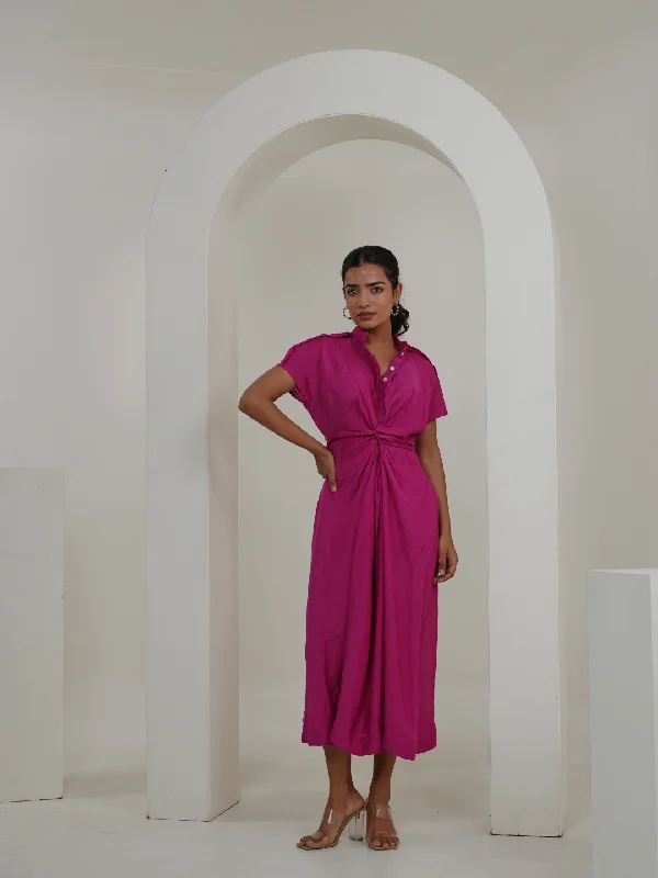 Fuscia Pink Cotton Silk Knotted Maxi Dress Comfortable Flowy Maxi Dress