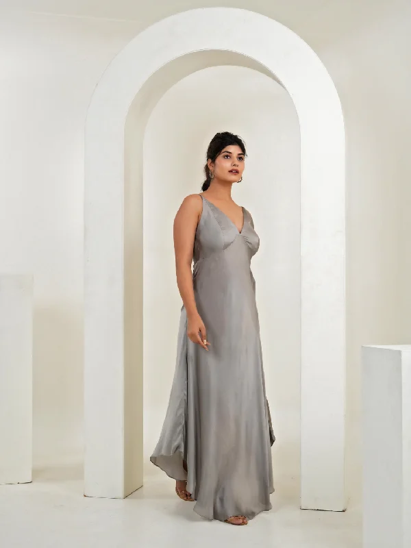 Macy Grey Satin Strappy Maxi Dress Stylish Pleated A-Line Maxi Dress