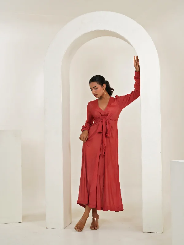 Persian Red Crepe V-Neck Maxi Dress Elegant Maxi Dress with Belt