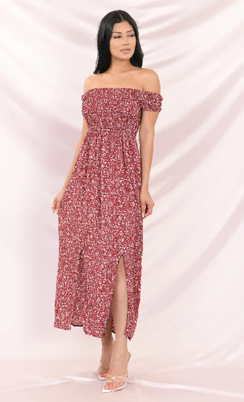 In My Glory Red White Ditsy Prairie Floral Smocked Short Sleeve Off The Shoulder Thigh Slit Pleated Casual Maxi Dress Comfortable Cotton Maxi Dress