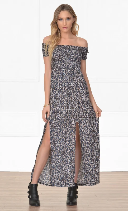 Indie XO In My Glory Blue Ivory Ditsy Floral Smocked Short Sleeve Off The Shoulder Thigh Slit Pleated Casual Maxi Dress Fashionable Faux Wrap Maxi Dress