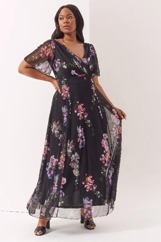 Isabelle Black Rose Float Sleeve Maxi Dress Fashionable Sheer Maxi Dress