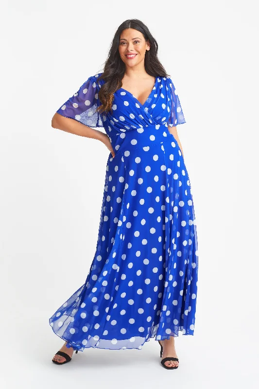 Isabelle Blue Lollidot Print Float Sleeve Maxi Dress Elegant Silk Maxi Dress