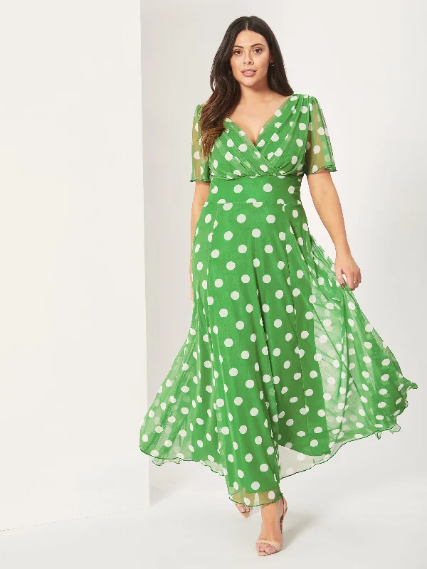 Isabelle Green Lollidot Print Float Sleeve Maxi Dress Comfortable T-Shirt Maxi Dress