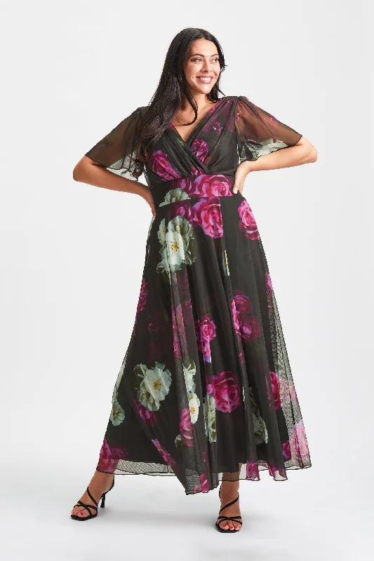 Isabelle Black Fuchsia Float Sleeve Maxi Dress Stylish A-Line Maxi Dress