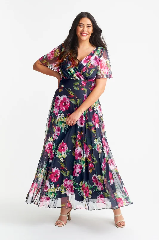 Isabelle Navy Cerise Print Float Sleeve Maxi Dress Chic Summer Floral Maxi Dress