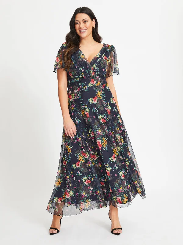 Isabelle Navy Pink Yellow Print Float Sleeve Maxi Dress Elegant Maxi Dress with Lace Isabelle Navy Pink Yellow Print Float Sleeve Maxi Dress Elegant Maxi Dress with Lace