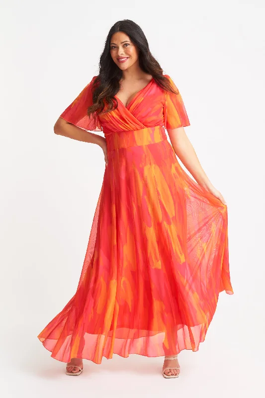 Isabelle Orange Pink Yellow Print Float Sleeve Maxi Dress Elegant Maxi Dress with Drapes