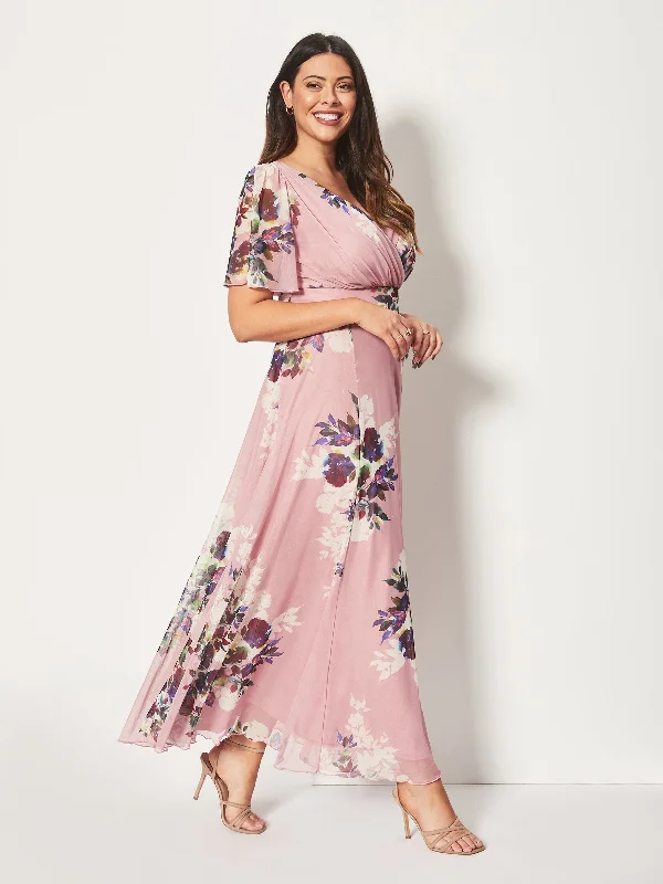 Isabelle Pink Blush Print Float Sleeve Maxi Dress Stylish Long Sleeve Maxi Dress