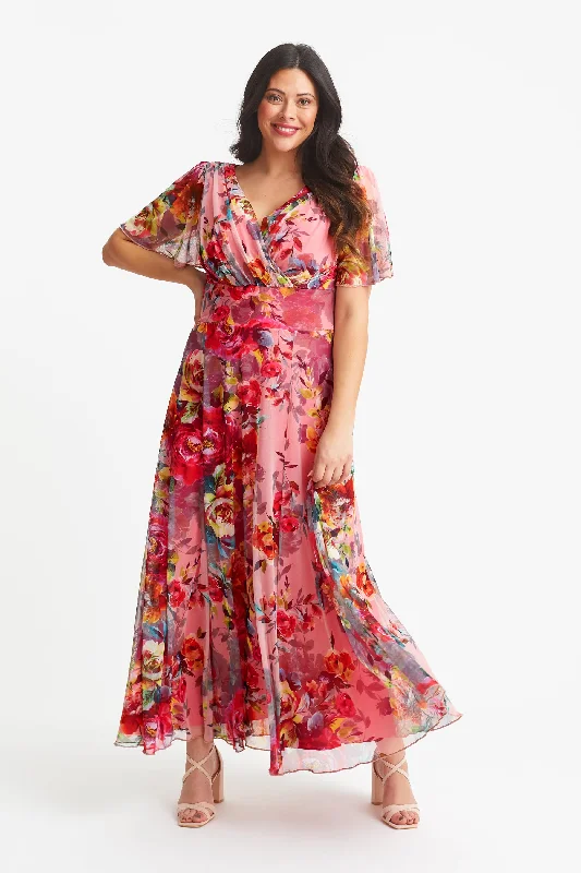 Isabelle Pink Cerise Print Float Sleeve Maxi Dress Elegant Maxi Dress with Slit