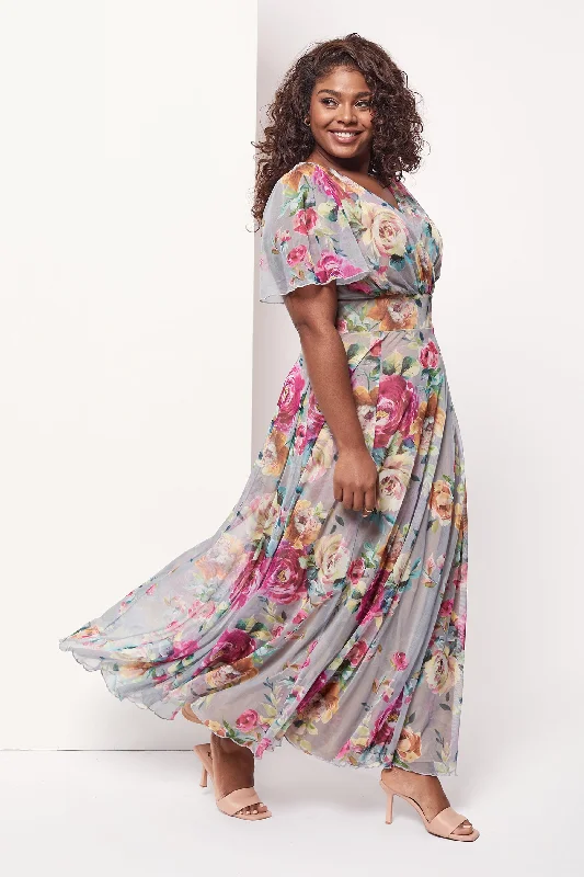 Isabelle Silver Pink Float Sleeve Maxi Dress Stylish Maxi Dress with Frills