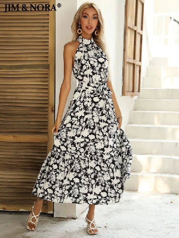 JIM & NORA Elegant Womens Casual Halter Neck Sleeveless Floral Long Maxi Dress Summer Vacation Clothes Sundress with Belt Stylish Pleated A-Line Maxi Dress