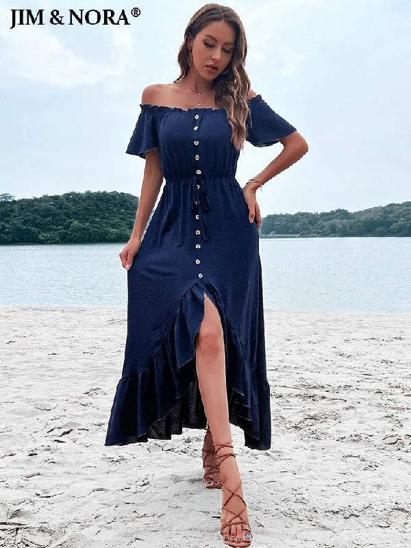JIM & NORA Sexy Slash Neck Flounced Edge Split Irregularity Hem Short Sleeve Dress Women Soild Colour Summer Beach Maxi Dresses Comfortable Maxi Dress with Sleeves