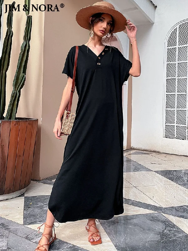 JIM & NORA Summer Casual Loose Short Sleeve V Neck Maxi Dress Women Split Beach Dress Black Long Dresses Sundress Robe Elegant Maxi Dress with Lace