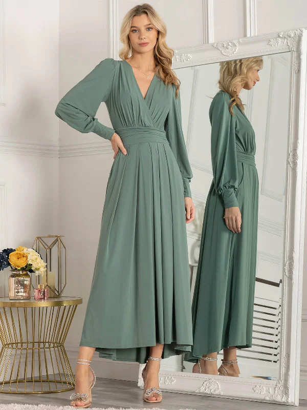 Rashelle Jersey Long Sleeve Maxi Dress, Pleat Green Stylish One-Shoulder Maxi Dress