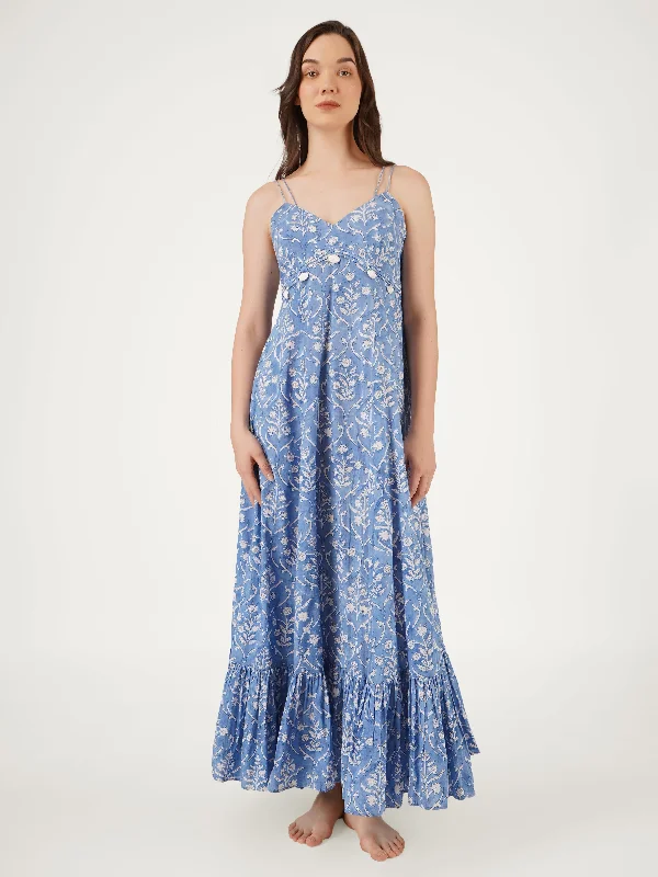 Blue Cotton Strappy Maxi Dress Fashionable Layered Maxi Dress