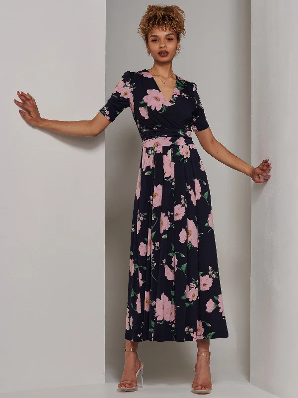 Kenzie Half Sleeve Jersey Maxi Dress, Navy Floral Comfortable Maxi Dress with Belt