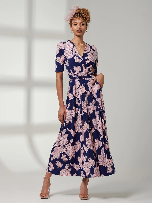 Kenzie Half Sleeve Jersey Maxi Dress, Floral Abstract Stylish V-Neck Maxi Dress