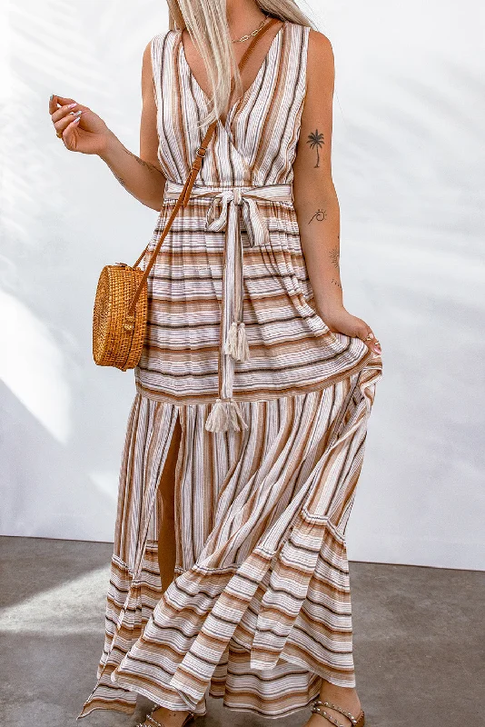 Khaki Striped V Neck Sleeveless Maxi Dress with Tie Fashionable Button-Down Maxi Dress Khaki Striped V Neck Sleeveless Maxi Dress with Tie Fashionable Button-Down Maxi Dress