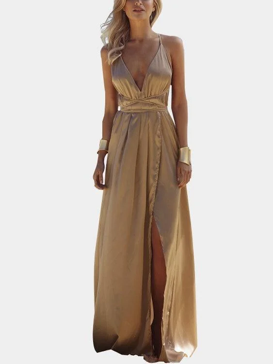 Light Brown Open Back Sleeveless Splited Hem Maxi Dress Elegant Boho Maxi Dress