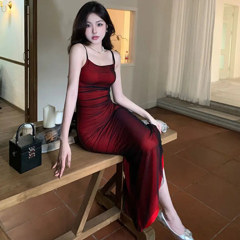 LIZAKOSHT -  French Women's Sleeveless Bodycon Corset Maxi Dress Wine Red Spaghetti Strap Ruched Elegant Evening Party Long Vintage Dresses Trendy Maxi Dress with Lace