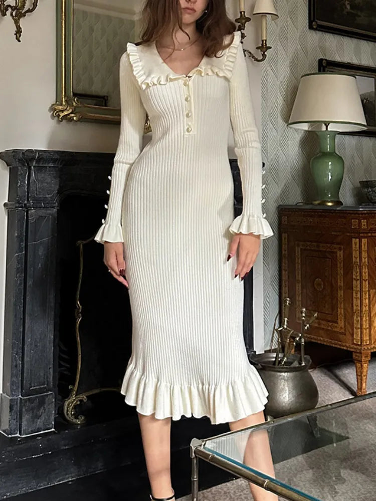 Lizakosht High Waist Ruffled Maxi Dresses For Women Autumn Winter Knitted Slim Long Dress Women's Vintage Dress Woman Retro Elegant Chic Summer Maxi Dress Lizakosht High Waist Ruffled Maxi Dresses For Women Autumn Winter Knitted Slim Long Dress Women's Vintage Dress Woman Retro Elegant Chic Summer Maxi Dress