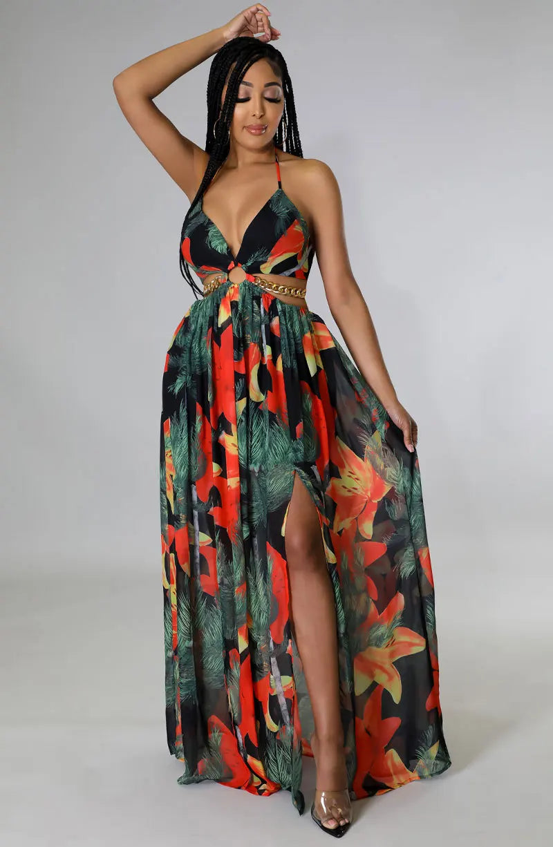LIZAKOSHT  -  Women's Floral Print Chain Decor Split Thigh Tie Back Cami Dress, Summer Dresses, Casual Ring Linked Halter Backless Maxi Dress For Beach Holiday Vacation, Dresses for Women, Ladies Summer Clothes Stylish Longline Maxi Dress