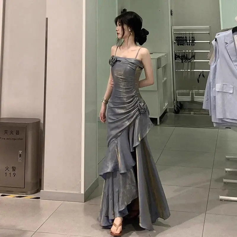 LIZAKOSHT -  Women's Luxury Slim Mermaid Dress Spaghetti Strap Ruffles Elegant Vintage Sexy Evening Party Maxi Dresses Traf Wedding Guest Fashionable Asymmetrical Maxi Dress