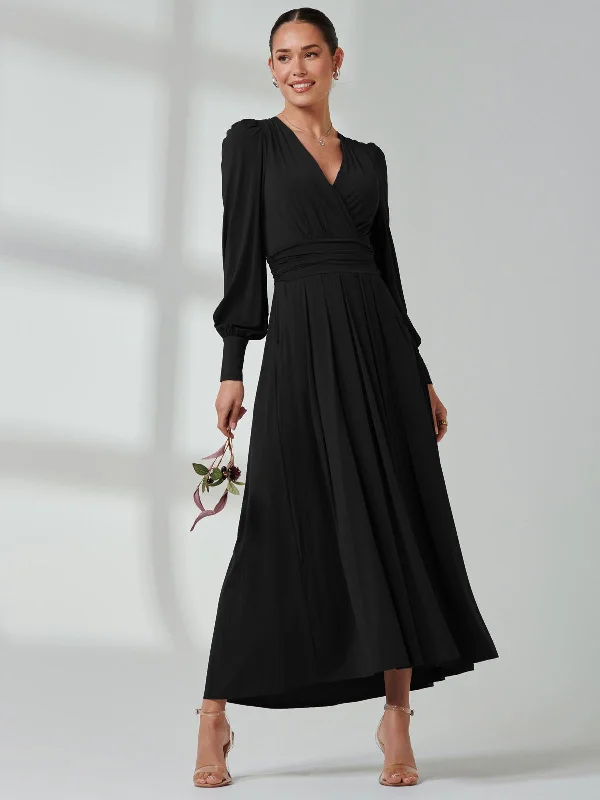 Long Sleeve Soft Silky Jersey Maxi Dress, Black Stylish Button-Up Maxi Dress