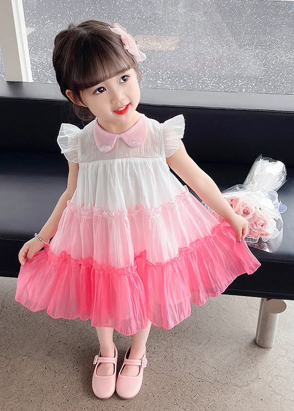 Lovely Pink Ruffled Patchwork Tulle Kids Layered Maxi Dresses Sleeveless Stylish Long Sleeve Maxi Dress