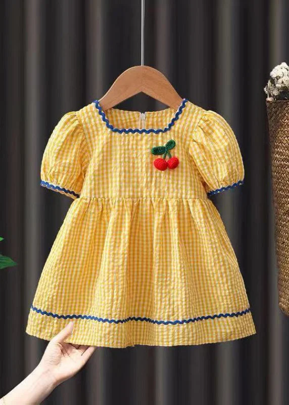 Lovely Yellow Plaid Floral Patchwork Cotton Baby Maxi Dress Short Sleeve Comfortable Casual Maxi Dress