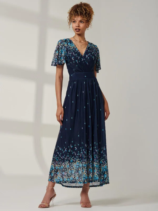 Mirrored Mesh Angel Sleeve Maxi Dress, Blue Floral Stylish Button-Up Maxi Dress