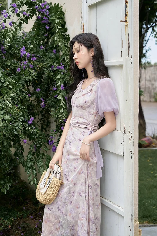 Women Ruffled Purple Floral Maxi Dress Fashionable Chiffon Maxi Dress