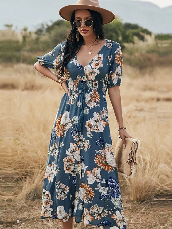 Msfilia Spring Summer Long Floral Bandage Dress Women Sexy V Neck Slim High Waist Ladies A Line Print Maxi Dresses Stylish Off-Shoulder Maxi Dress