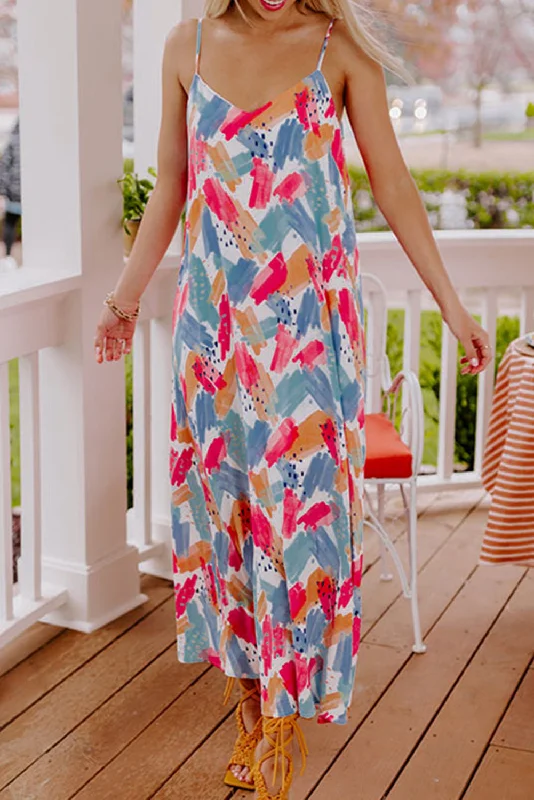 Multicolor Abstract Print Spaghetti Straps Maxi Dress Trendy Off-Shoulder Ruffle Maxi Dress