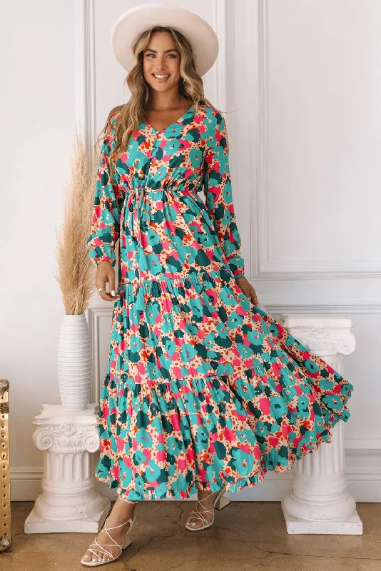 Multicolor Bohemia Print V Neck Ruffle Long Sleeve Maxi Dress Fashionable Printed Maxi Dress