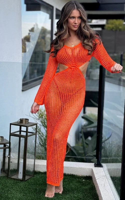 NADIA: Crochet Maxi Dress Cover-up in Orange Fashionable Off-Shoulder Maxi Dress