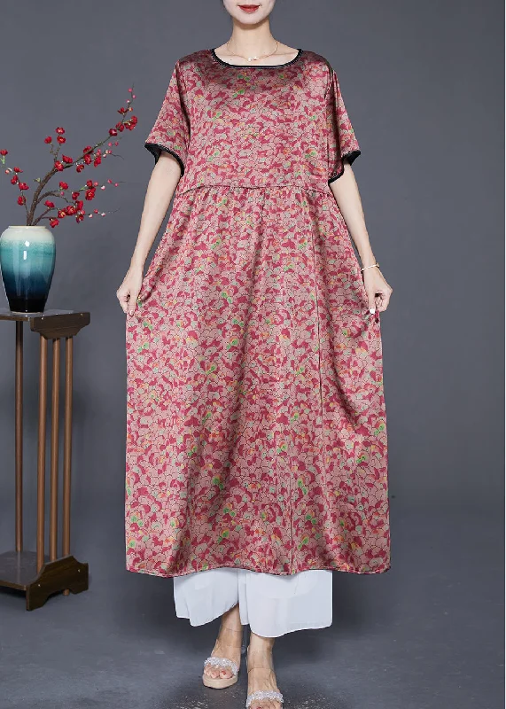 Natural Red Oversized Print Silk Maxi Dresses Summer Trendy A-Line Maxi Dress