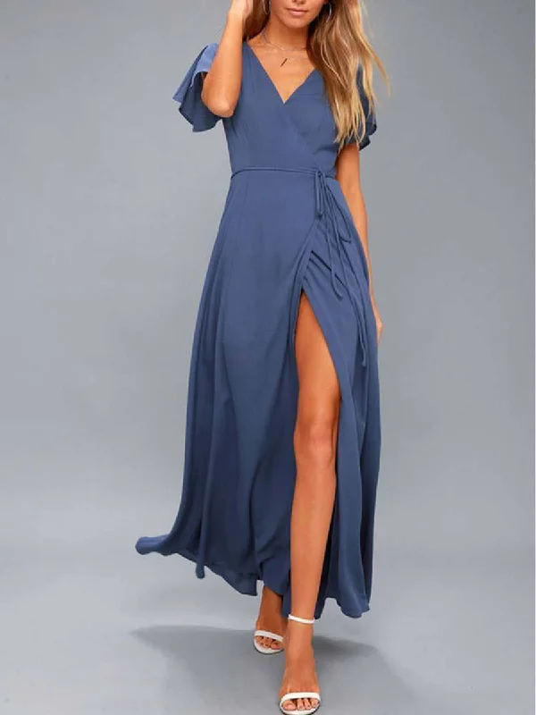 Navy Short Sleeve Sexy Summer V-Neck Maxi Dress Trendy Button Front Maxi Dress