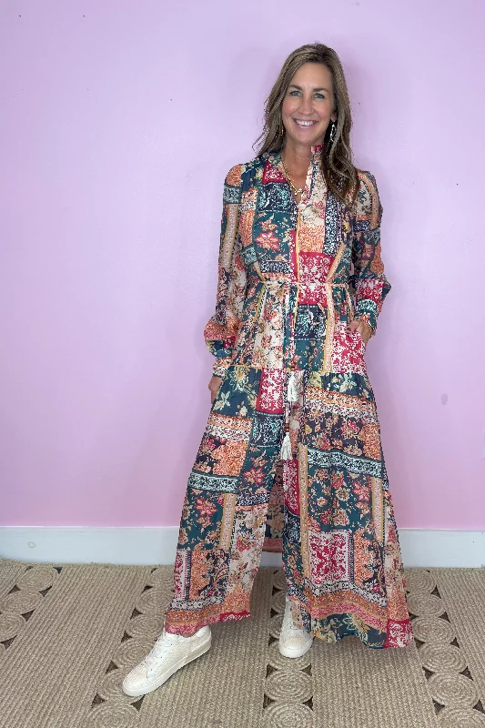 Never Letting Go Teal Multi Patchwork Floral Print Button Down Maxi Dress Fashionable Layered Maxi Dress