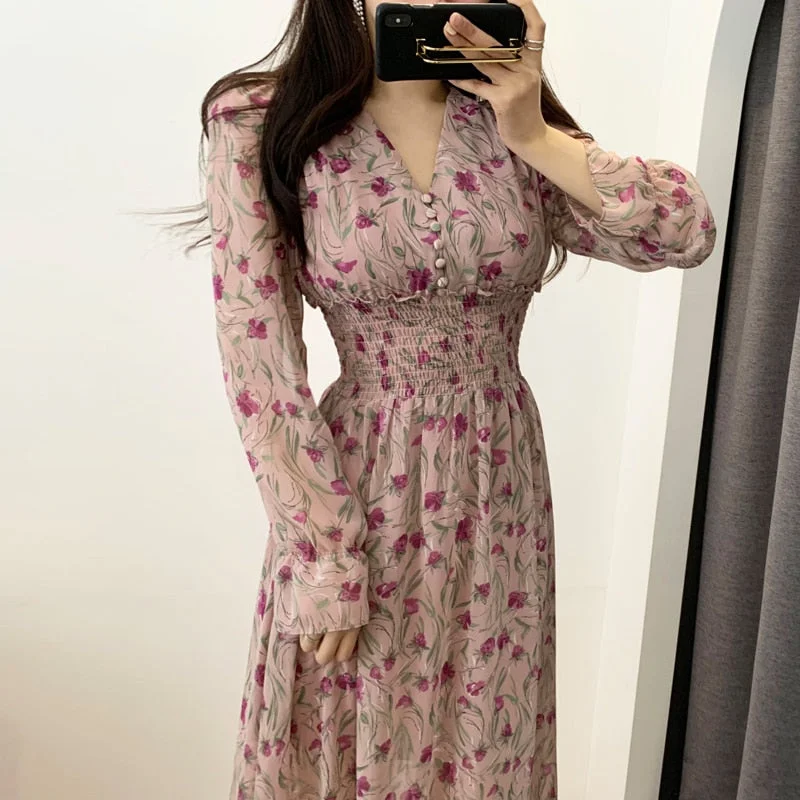 New Flower Dress Women Floral Chiffon Clothes Maxi Dresses Beach Elegant Autumn Pink Korean Long Sleeve V Neck Vestidos De Mujer Trendy Ruffled Maxi Dress