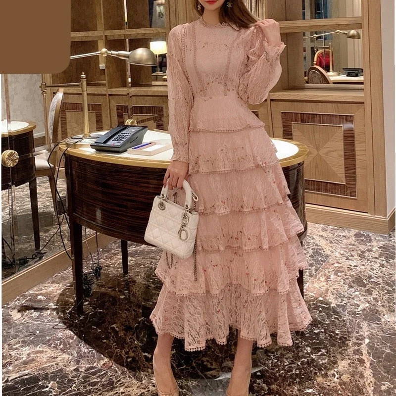 Darianrojas New Spring Pink Lace Embroidery Maxi Dress Female Long Sleeve High Waist Ruffle Elegant Runway Dresses Vestidos Trendy Fit-and-Flare Maxi Dress